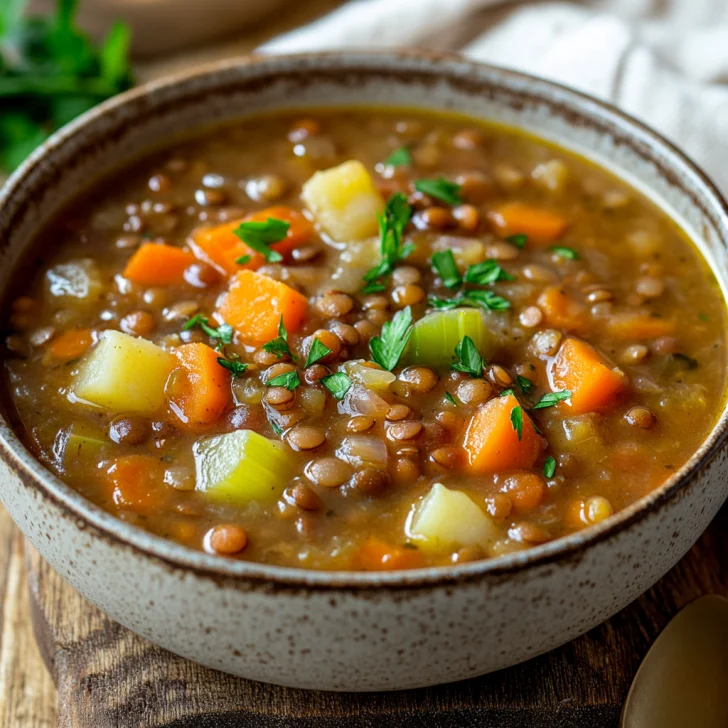 Bowl of slow cooker lentil soup with diced vegetables, lentils, fresh parsley, and Greek yogurt, served on a wooden table.