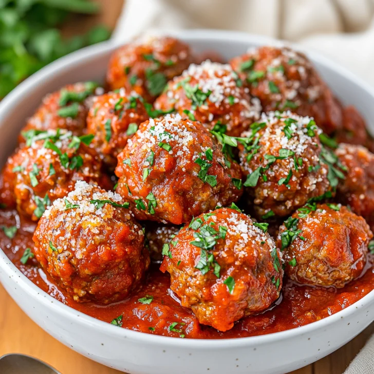 Slow cooker meatballs in marinara sauce served in a white bowl, garnished with parsley and Parmesan cheese on a wooden table
