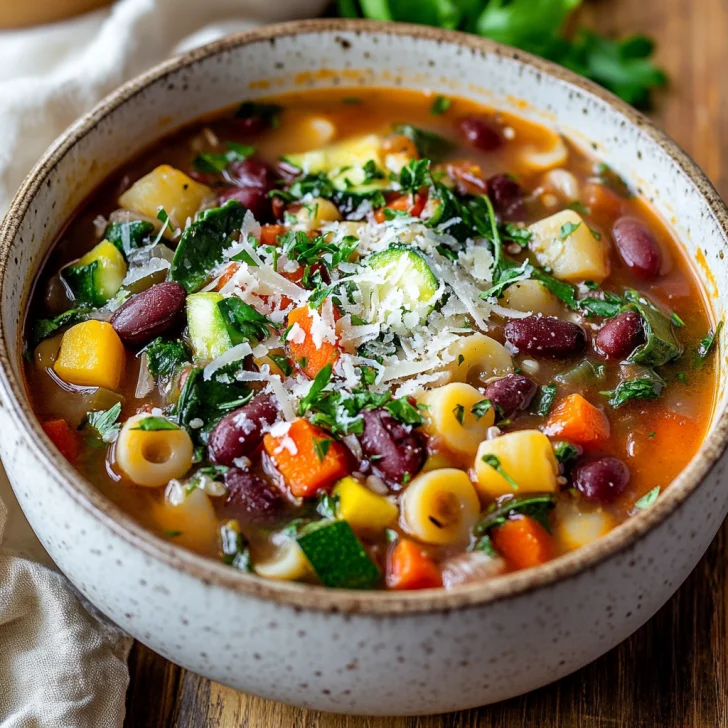 Bowl of Slow Cooker Minestrone Soup topped with Parmesan cheese and parsley, served on a wooden table