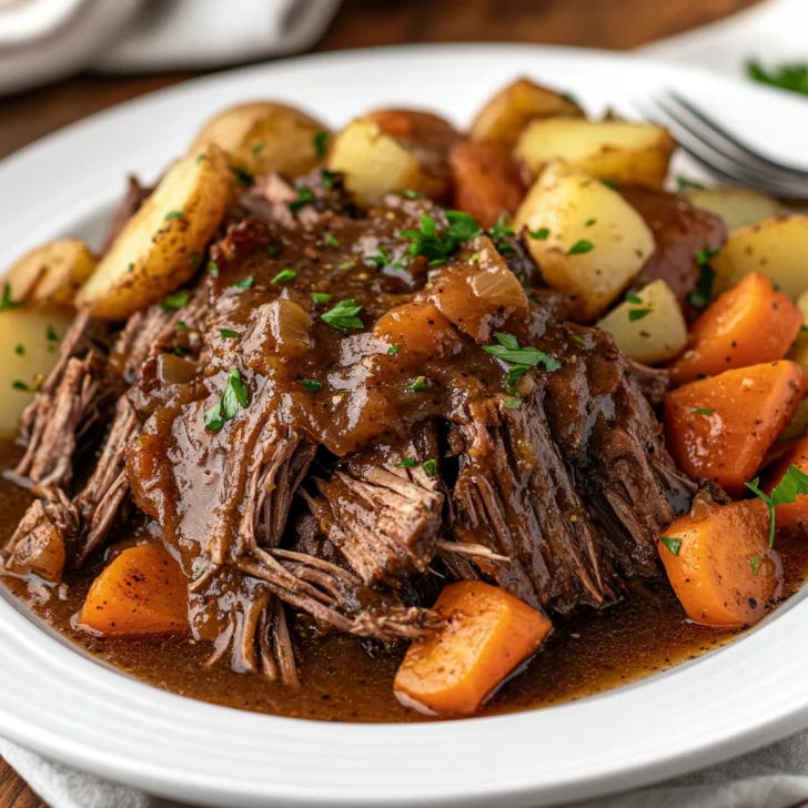 Slow cooker pot roast with carrots and potatoes on a white platter, garnished with parsley and glistening with gravy