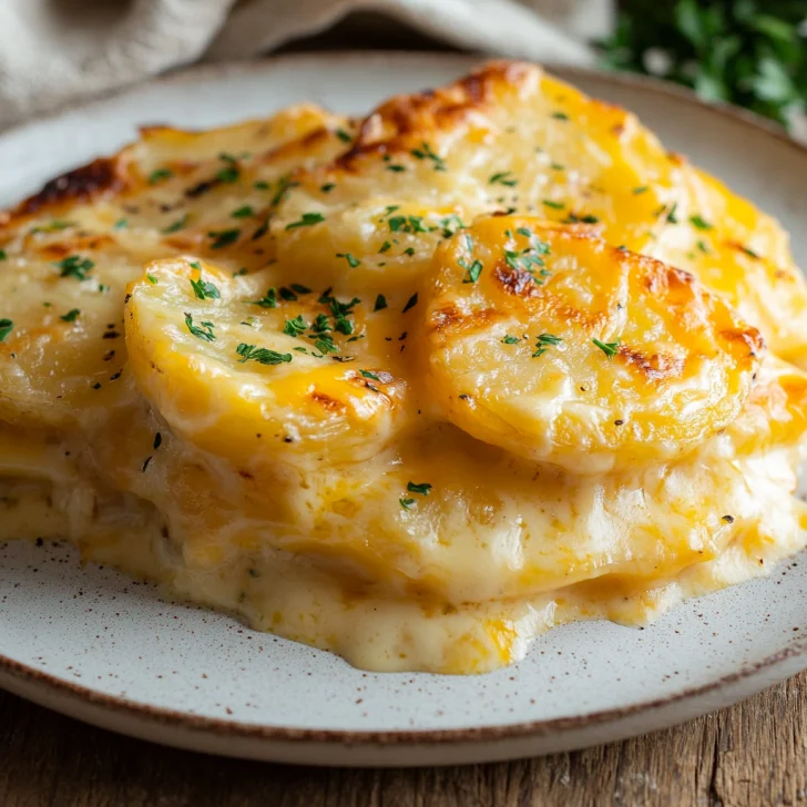 Delicious Slow Cooker Scalloped Potatoes served on a white plate, garnished with parsley and melted cheese