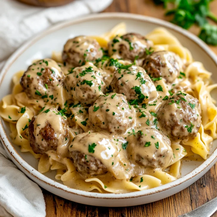 How to Make Perfect Slow Cooker Swedish Meatballs Creamy slow cooker Swedish meatballs served over egg noodles on a white plate, garnished with parsley on a wooden table