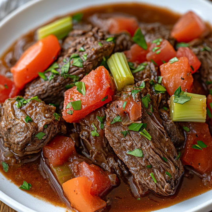 Slow Cooker Swiss Steak on a rustic white plate, garnished with fresh parsley and served with vegetables in rich sauce
