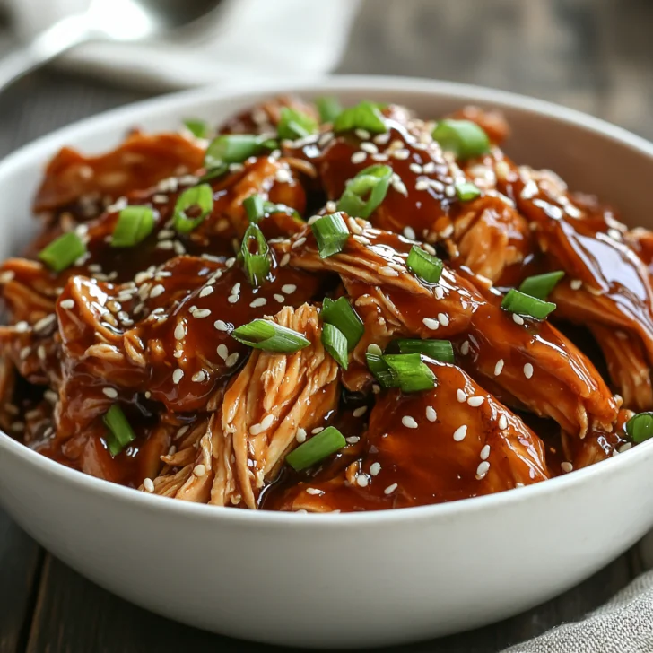 Slow cooker teriyaki chicken shredded and glazed in sauce, garnished with sesame seeds and green onions, served with rice.