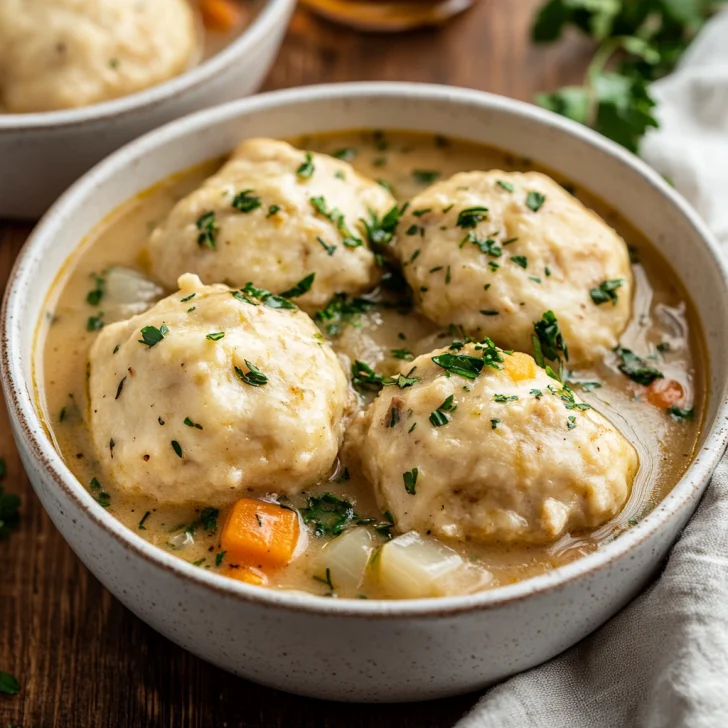 Bowl of slow cooker turkey dumplings topped with fresh parsley, served in creamy broth on a wooden table