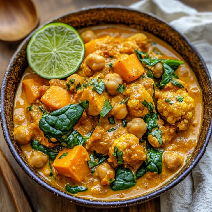 Bowl of Slow Cooker Vegetable Curry with chickpeas, sweet potatoes, and spinach garnished with lime