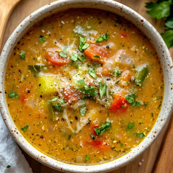 Bowl of Slow Cooker Zucchini Soup topped with grated Parmesan and parsley on a light wooden table