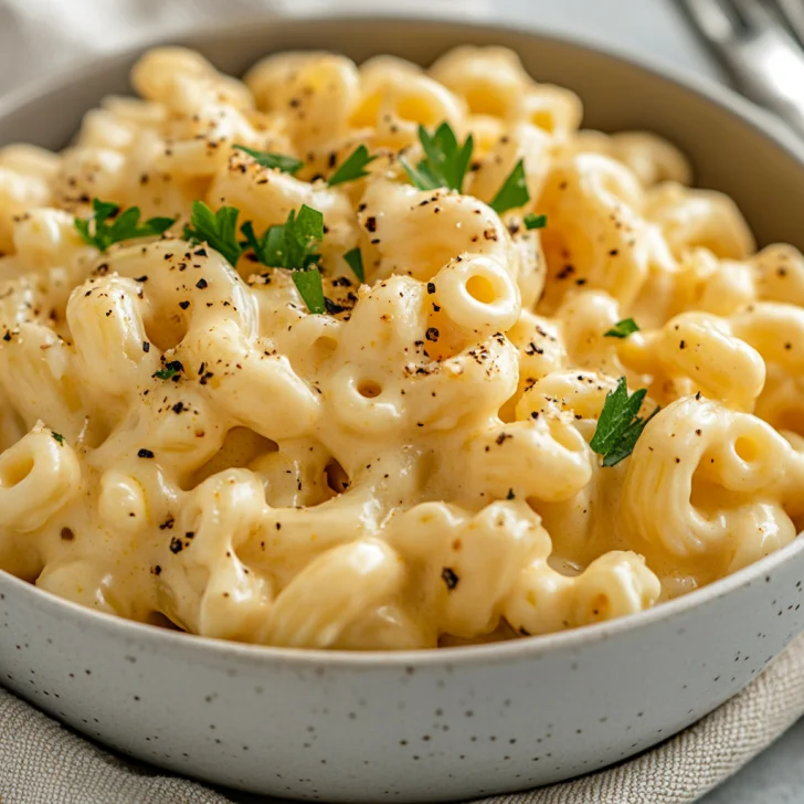 Creamy stovetop mac and cheese in a white bowl, garnished with parsley and black pepper on a clean, neutral surface