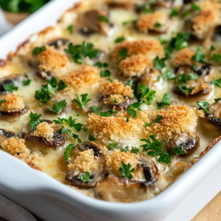 Golden Stuffed Mushroom Casserole in a white dish, topped with crispy panko and fresh parsley