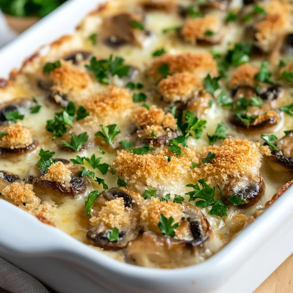 Golden Stuffed Mushroom Casserole in a white dish, topped with crispy panko and fresh parsley