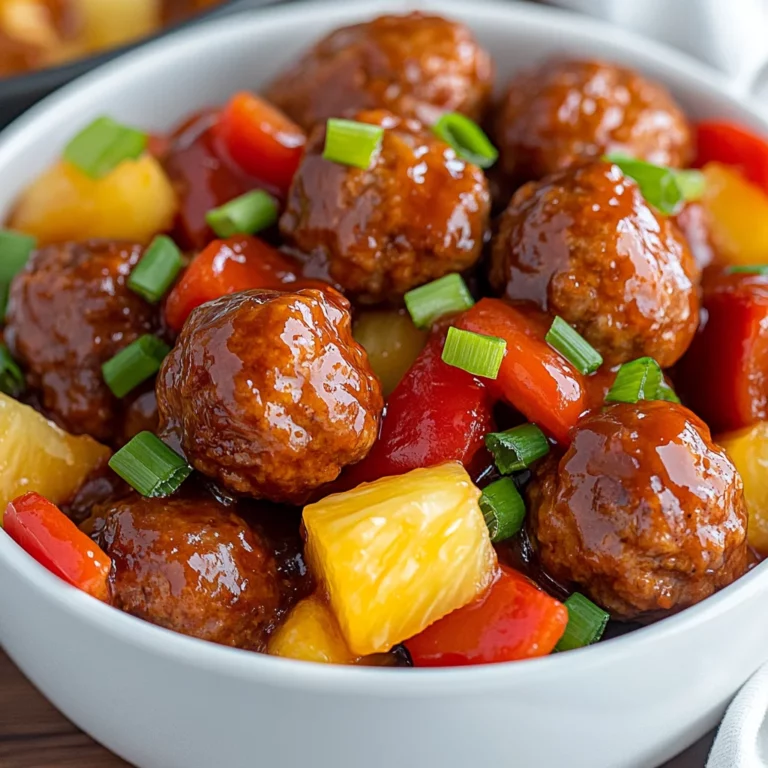 Sweet and sour crockpot meatballs in a white bowl with bell peppers, pineapple chunks, and green onion garnish