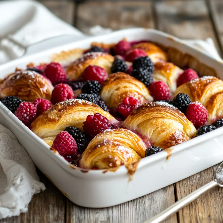 Sweet croissant breakfast bake with golden croissants, mixed berries, and vanilla glaze in a white dish, dusted with powdered sugar