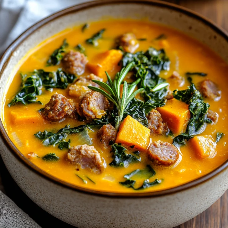Bowl of Sweet Potato Soup with Sausage and Kale garnished with rosemary on a wooden table, steaming and creamy