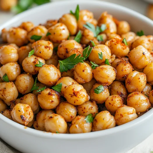 Bowl of Ultra Crispy Air Fryer Chickpeas garnished with parsley and paprika on a wooden table
