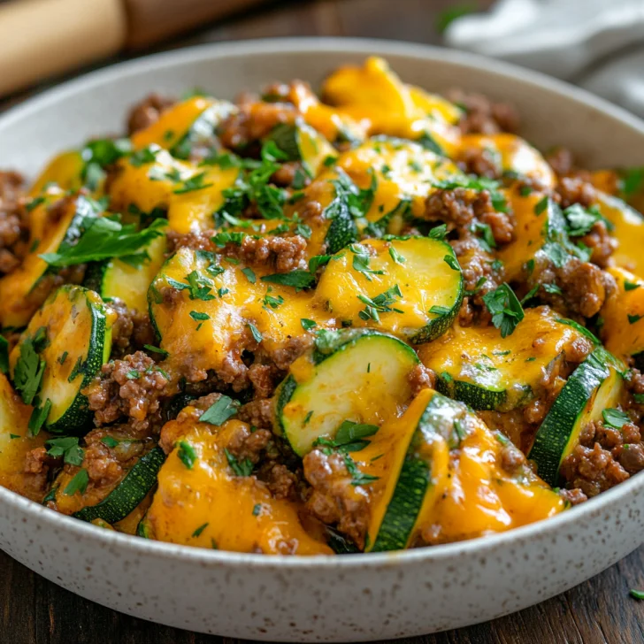 Zucchini and Ground Beef Skillet: Quick, One-Pan Dinner Favorite Zucchini and Ground Beef Skillet in a white bowl topped with melted cheese and parsley