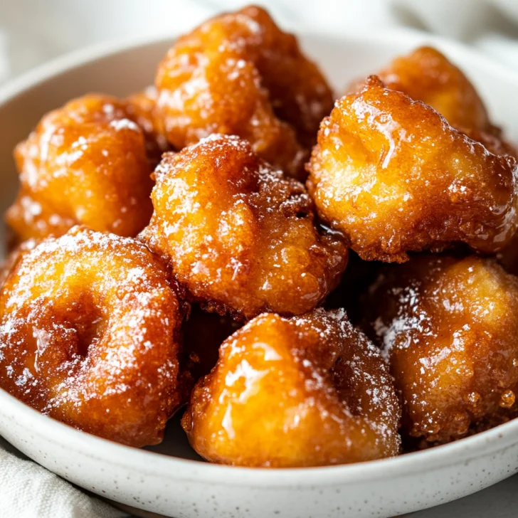 Air Fryer Apple Fritters with Brown Butter Glaze - Quick & Easy Recipe Golden Air Fryer Apple fritters drizzled with brown butter glaze on a white plate, dusted with powdered sugar.