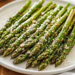 Crispy Air Fryer Asparagus arranged on a white plate, topped with grated Parmesan cheese and served with a warm, inviting glow