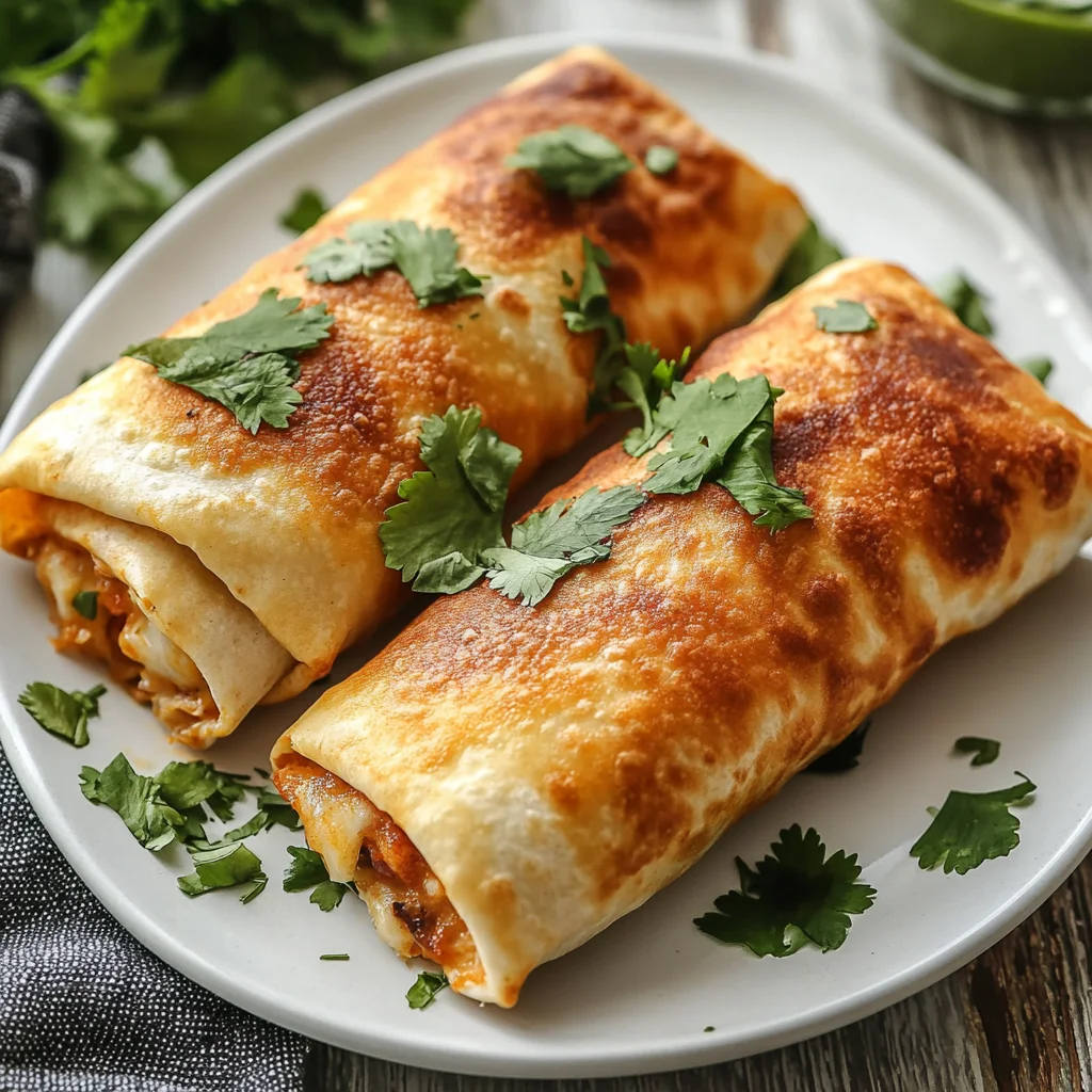 Crispy Air Fryer Chimichangas on a white plate garnished with fresh cilantro and melted cheese