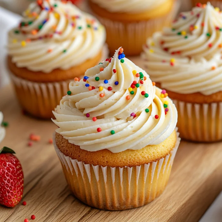 Air Fryer Cupcakes topped with vanilla frosting and rainbow sprinkles on a wooden board
