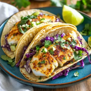 Close-up of Air Fryer Fish Tacos on a blue plate topped with cilantro lime slaw and garnished with lime wedges