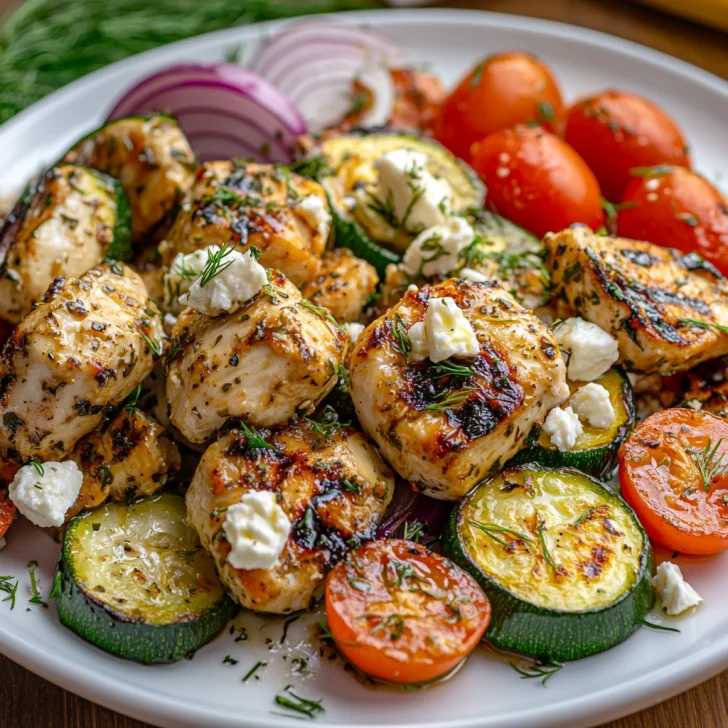 Delicious Air Fryer Greek Chicken on a white plate with zucchini, tomatoes, and feta cheese