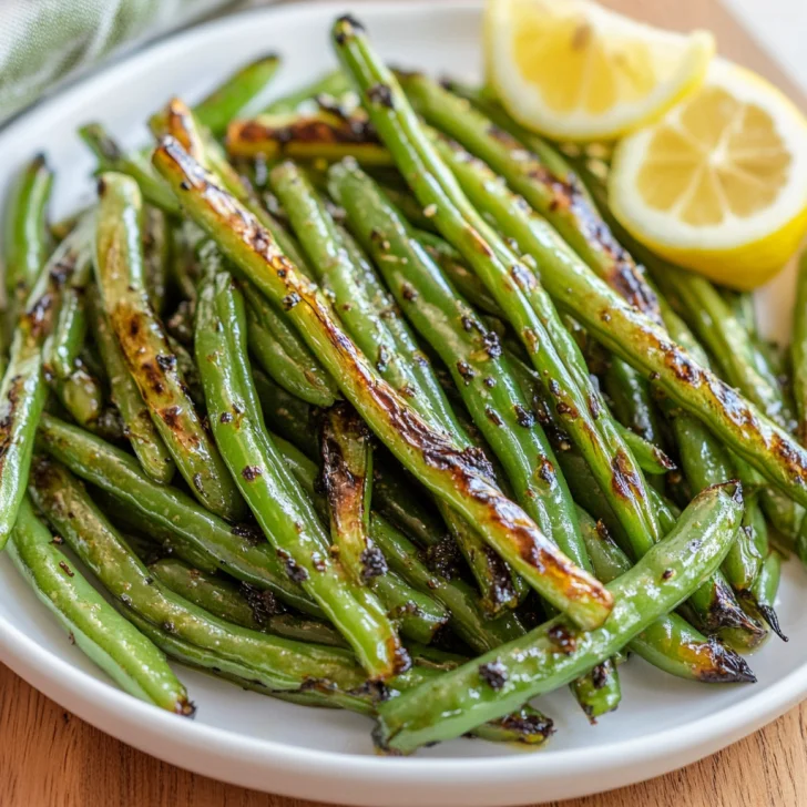 Crispy Air Fryer Green Beans on a white plate garnished with lemon wedges and lightly charred edges