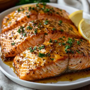 Air Fryer Honey Mustard Salmon on a white plate, garnished with parsley and lemon slices, showcasing a golden glaze