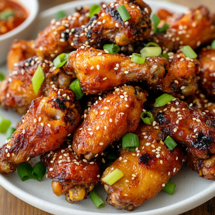 Crispy Air Fryer Korean Chicken Wings on a white plate, garnished with green onions and sesame seeds, beside gochujang sauce.