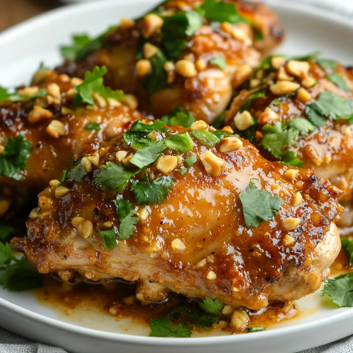 Air Fryer Peanut Chicken served on a white plate, garnished with cilantro, scallions, and crushed peanuts