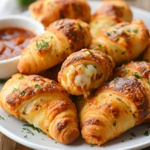 Golden Air Fryer Pizza Crescent Rolls on a white plate, garnished with parsley and served with pizza sauce for dipping
