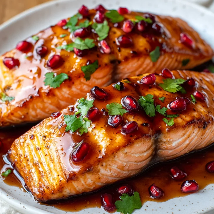 Air Fryer Pomegranate Glazed Salmon on a white plate topped with pomegranate arils and cilantro