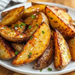Crispy Air Fryer Potato Wedges on a white plate garnished with parsley and sea salt