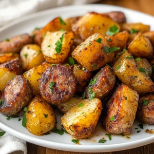 Air Fryer Potatoes and Sausage on a white plate garnished with parsley showcasing crispy golden edges