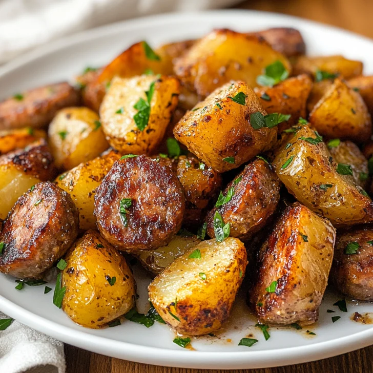 Air Fryer Potatoes and Sausage on a white plate garnished with parsley showcasing crispy golden edges