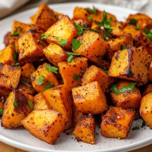 Crispy Air Fryer Roasted Sweet Potatoes on a white plate garnished with fresh parsley, highlighting golden edges and fluffy texture