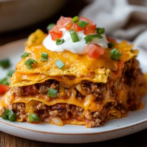 Best Taco Casserole with layers of ground beef, sour cream, and melted cheese served in a white baking dish