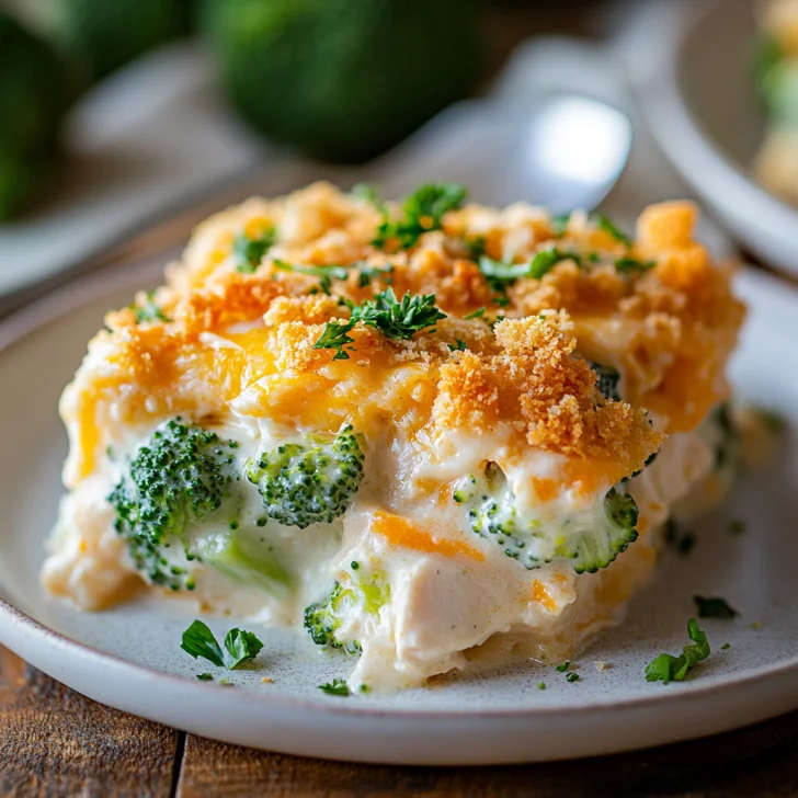 Broccoli Chicken Casserole in a white baking dish with crispy topping and fresh parsley garnish
