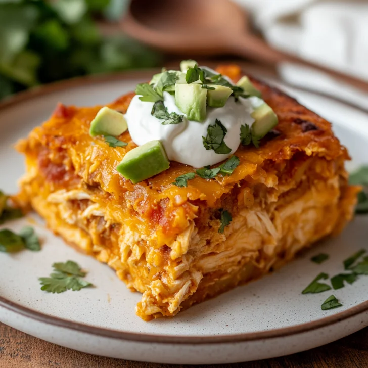 Chicken Tamale Casserole topped with sour cream, avocado, and cilantro in a 9x13 dish on a wooden table.