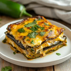 Chili Relleno Casserole in a white dish, garnished with cilantro and enchilada sauce on a wooden table