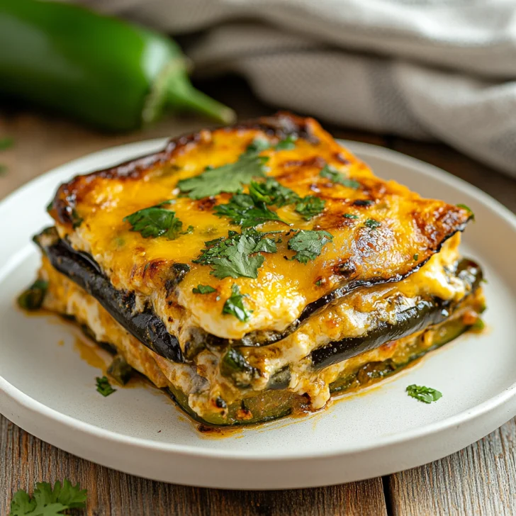 Chili Relleno Casserole in a white dish, garnished with cilantro and enchilada sauce on a wooden table