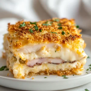 Creamy Chicken Cordon Bleu Casserole in a white dish topped with golden breadcrumbs and garnished with parsley