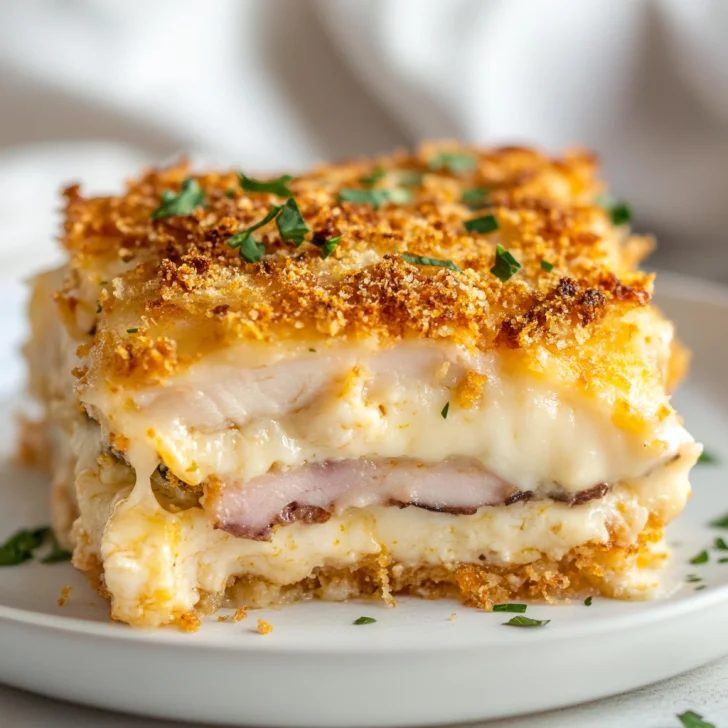 Creamy Chicken Cordon Bleu Casserole in a white dish topped with golden breadcrumbs and garnished with parsley
