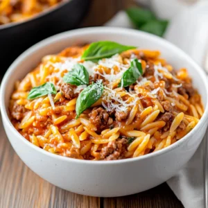 Creamy One Pot Beef Orzo in a white bowl topped with Parmesan and basil on a wooden table