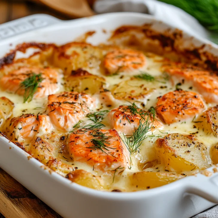 Creamy Salmon Casserole in a white dish, golden-brown potatoes, topped with fresh herbs, on a wooden table