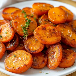 Crispy Air Fryer Carrots served on a white plate garnished with fresh thyme and coarse salt