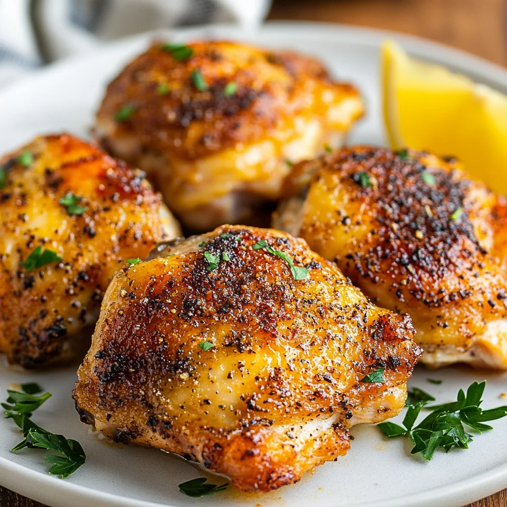Crispy Air Fryer Chicken Thighs: Perfectly Juicy & Golden Every Time Crispy Air Fryer Chicken Thighs arranged on a white plate garnished with fresh herbs and lemon wedges