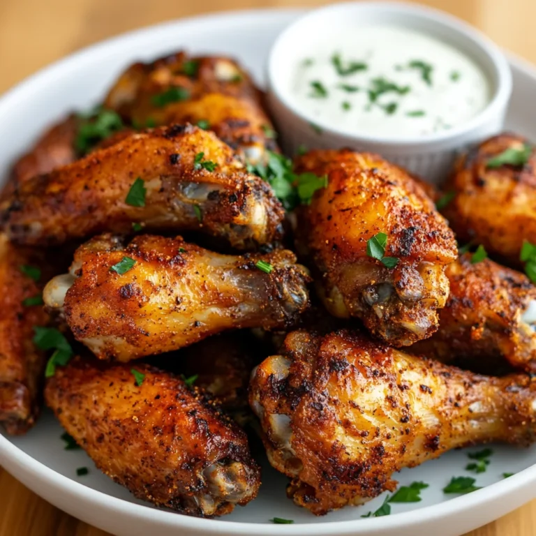 Crispy Air Fryer Chicken Wings on a white plate garnished with parsley and served with ranch dressing