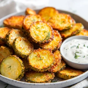Crispy Air Fryer Pickles served on a white plate with fresh dill and a dipping sauce