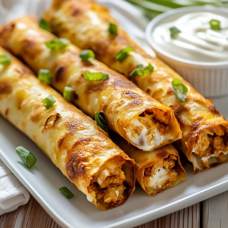 Crispy Air Fryer Chicken Taquitos served on a white plate garnished with green onions and sour cream.
