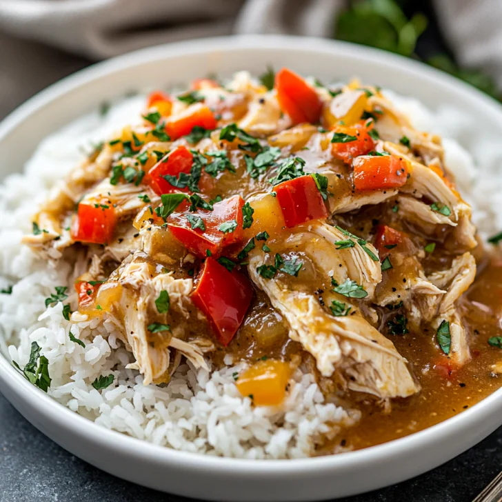 Crock Pot Smothered Chicken served on a white plate, topped with parsley and alongside fluffy rice